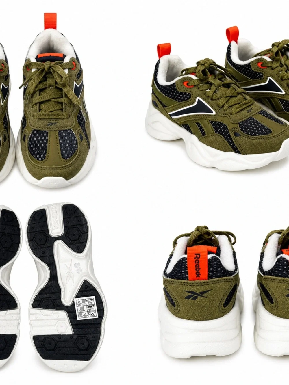 Reebok Kids Olive Green, Black & White Sneakers with Orange Pull Tabs